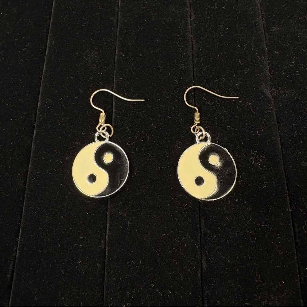 Yin Yang Dangle Earrings Black White Enamel
